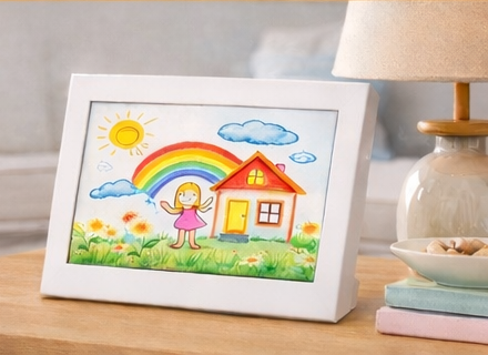 Forever Art Frame displaying child's artwork on a desk